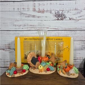 Vintage Harvest 3-Piece Candle Centerpiece Set Turkey Cornucopia w/Box